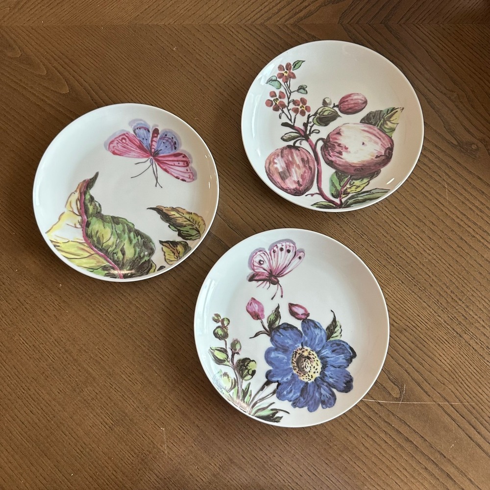 3 Molly Hatch Museum Piece Ceramic Dessert Plates Floral Butterfly Fruit 2014 MH